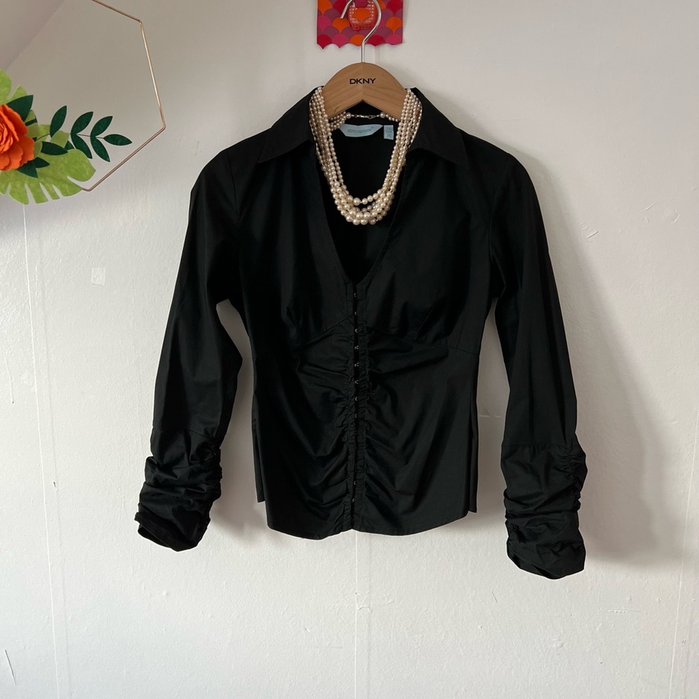 Atmosphere collared shirt deep v-neck sz 10 38 ruched bodice extra long sleeves